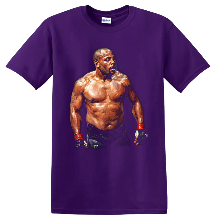Painted portrait of MMA fighter Quinton Jackson Rampage in gloves and wrist wraps on a Purple T Shirt