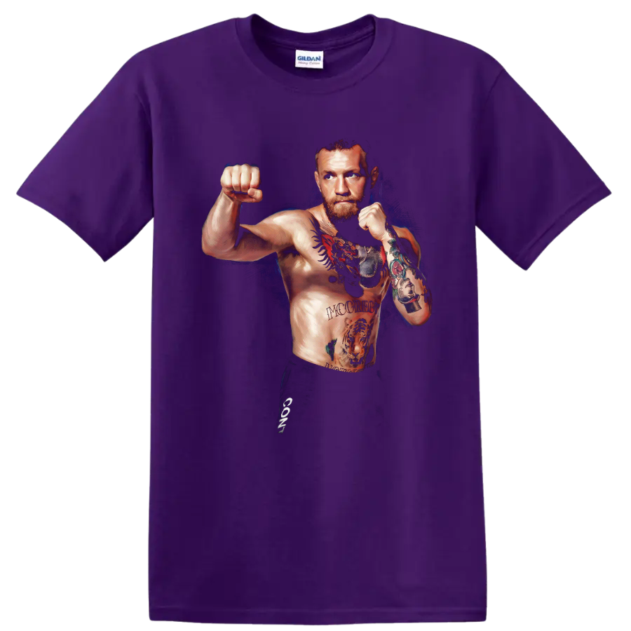 Conor McGregor in a tattooed fighting stance with a deep blue painterly backdrop on a Purple T Shirt