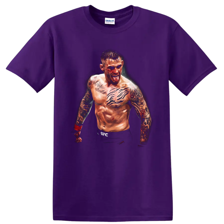 Dustin Poirier tattooed MMA fighter portrait with red hand wraps on a Purple T Shirt