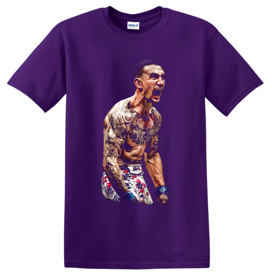 Max Holloway MMA fighter portrait with tattoos, blue wraps, and floral fight shorts on a Purple T Shirt