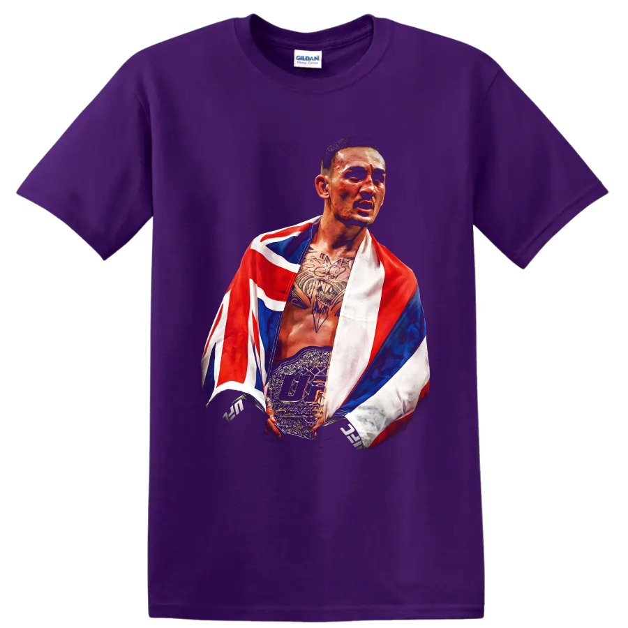 Painted Max Holloway championship belt portrait draped in a Hawaiian flag on a Purple T Shirt