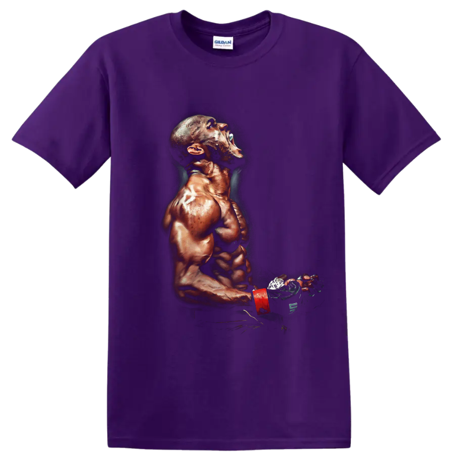 Kamaru Usman painterly MMA fighter portrait with glove and red wrist wrap on a Purple T Shirt