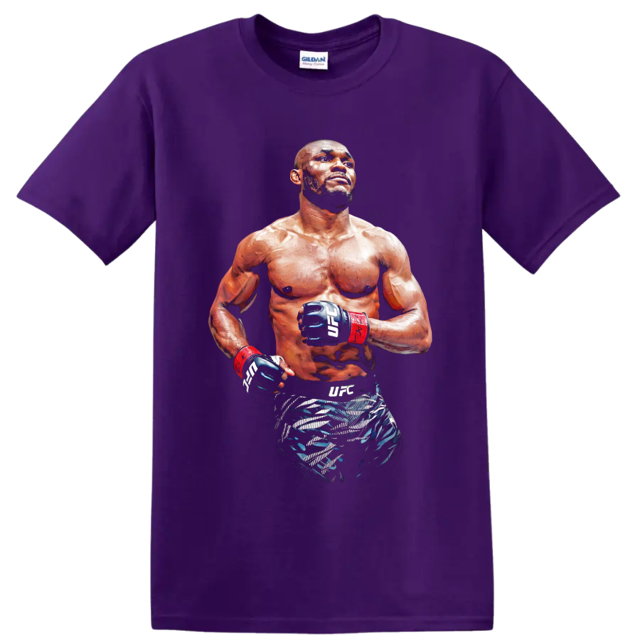 Kamaru Usman painterly MMA fighter portrait wearing UFC gloves and red wrist wraps on a Purple T Shirt