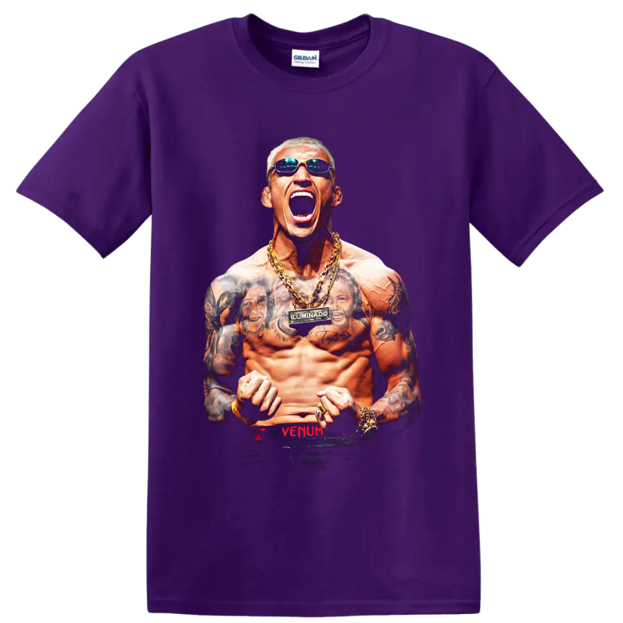 Charles Oliveira roaring tattooed fighter portrait with sunglasses and gold chains on a Purple T Shirt