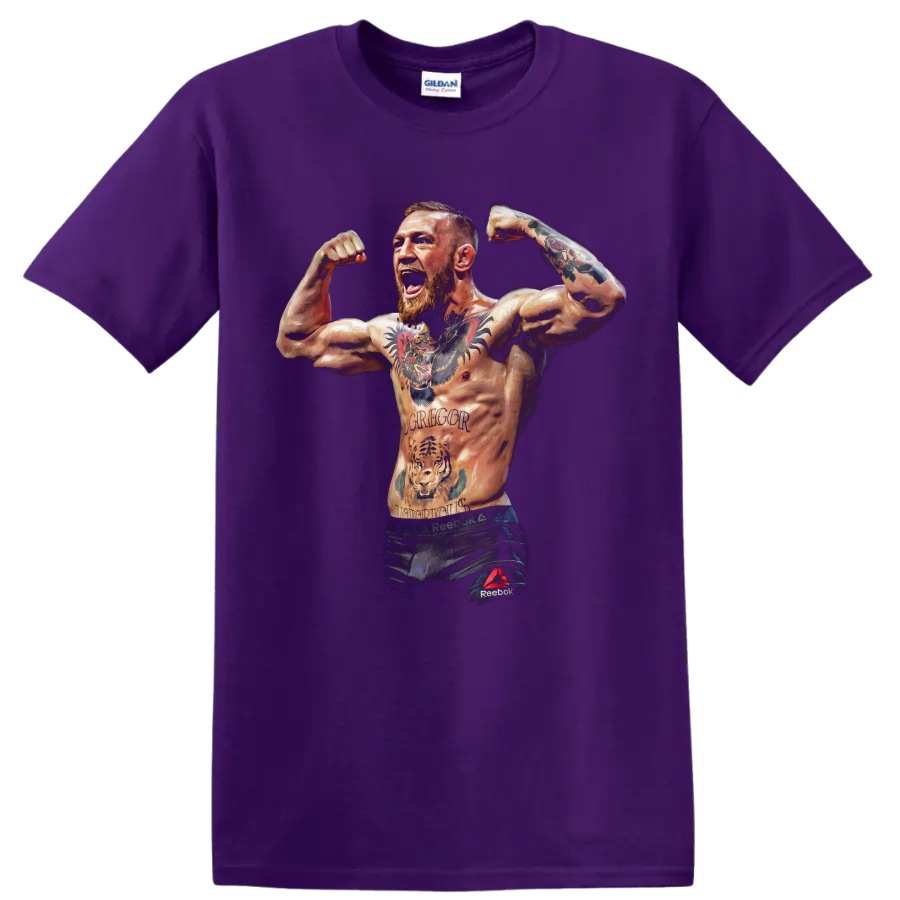 Conor McGregor flexing MMA fighter portrait with tattooed arms in painterly style on a Purple T Shirt