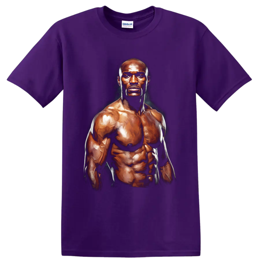 Painterly muscular Terry Crews fighter portrait with dramatic bronze highlights on a Purple T Shirt