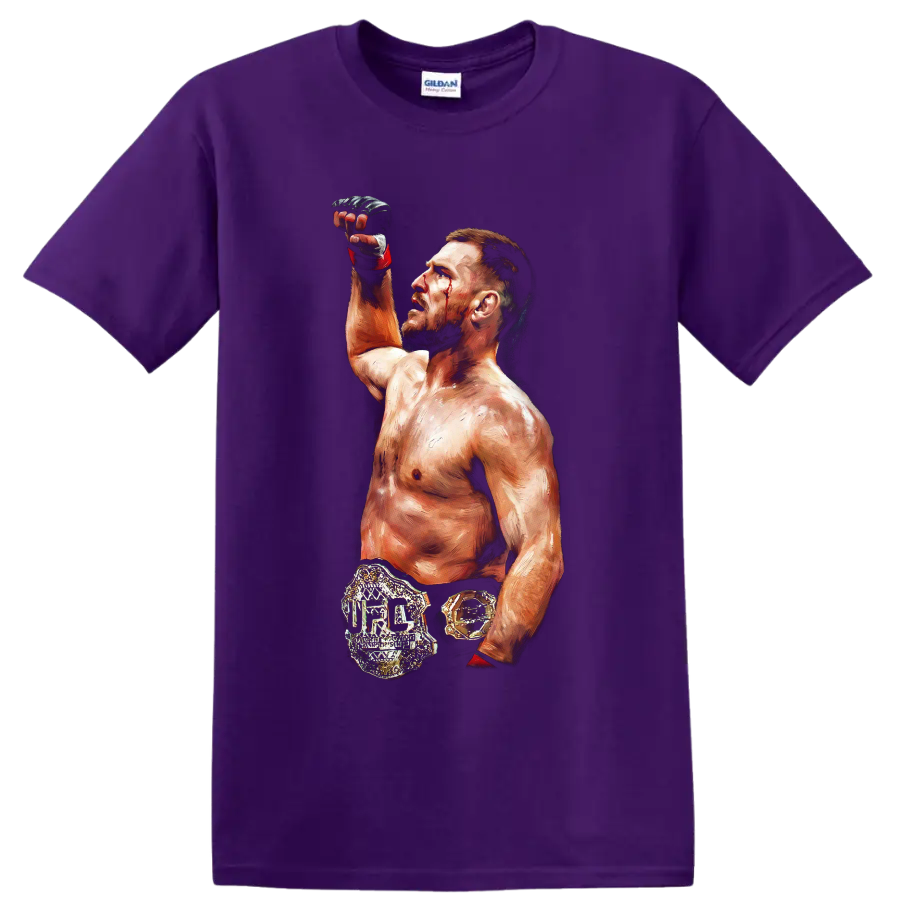 Jan Blachowicz painterly MMA champion portrait with raised glove and gold belt on a Purple T Shirt