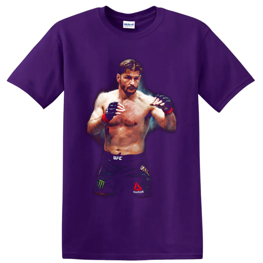 Stipe Miocic MMA fighter portrait in a guarded stance with painterly arena lighting on a Purple T Shirt