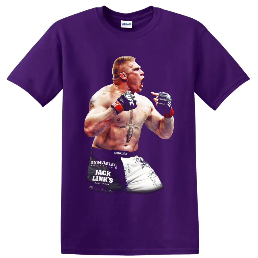 Brock Lesnar roaring in a raised-fist MMA fighter portrait graphic on a Purple T Shirt