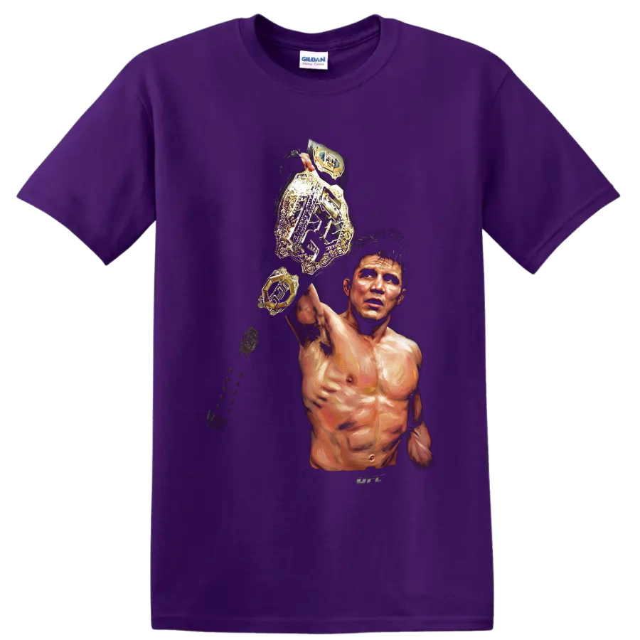 Demetrious Johnson painted MMA portrait raising a gold championship belt on a Purple T Shirt