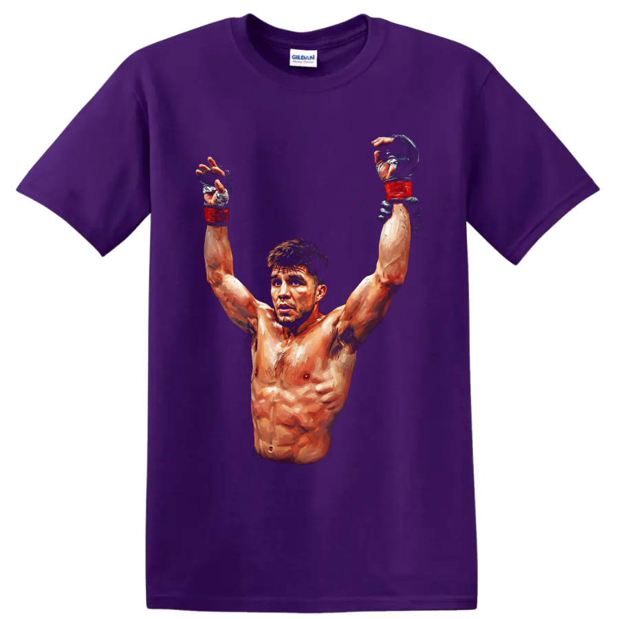 Gennady Golovkin painterly boxing victory portrait with raised red gloves on a Purple T Shirt
