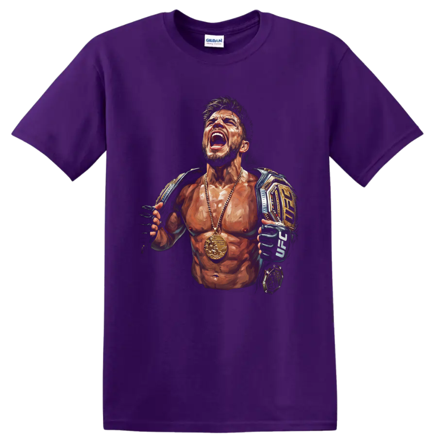 Henry Cejudo Triple C painted MMA champion portrait with belts, gloves, and gold medal on a Purple T Shirt