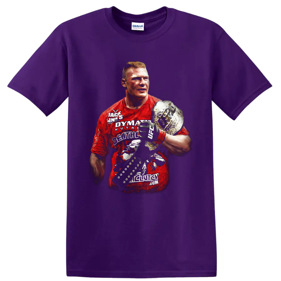 Brock Lesnar portrait with MMA glove and championship belt in dramatic graphic style on a Purple T Shirt