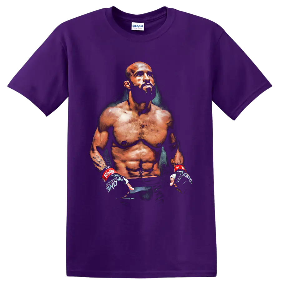 Demetrious Johnson painterly MMA fighter portrait with training gloves on a Purple T Shirt