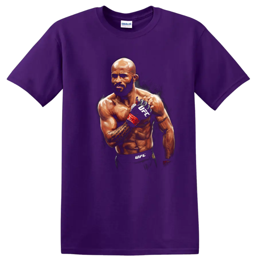 Painted portrait of Demetrious Johnson in MMA gloves with red wraps on a Purple T Shirt