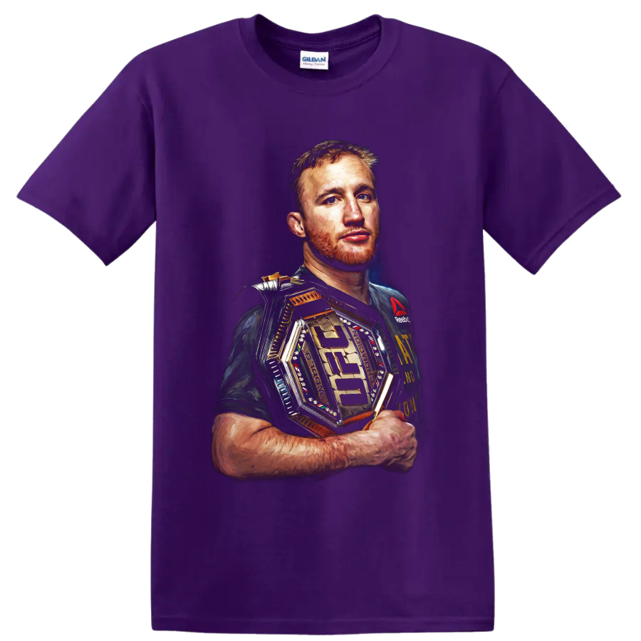 Justin Gaethje painterly MMA portrait holding a gold-toned championship belt on a Purple T Shirt