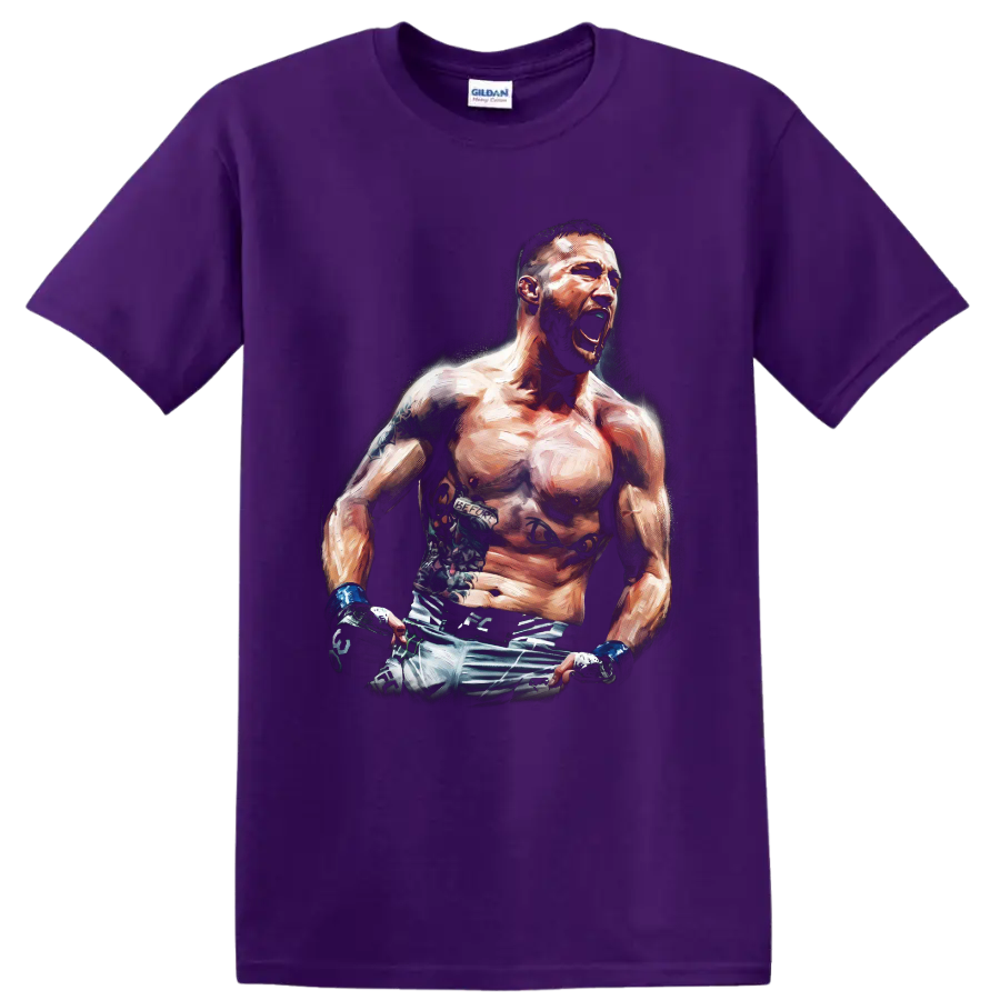 Conor McGregor roaring MMA fighter portrait in dramatic painterly action art on a Purple T Shirt