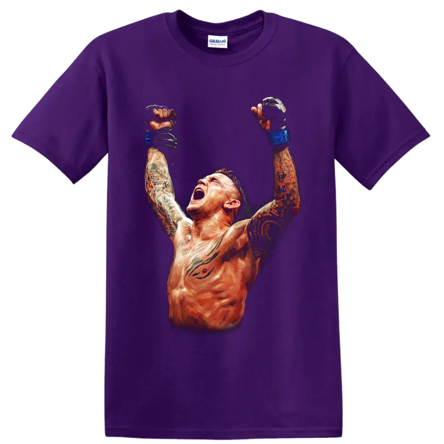 Dustin Poirier painterly MMA victory portrait with raised blue-gloved fists on a Purple T Shirt