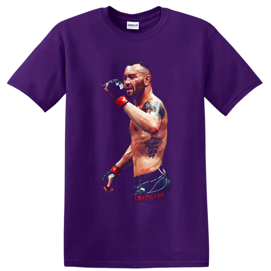 Painted portrait of Colby Covington in MMA gloves and fight shorts on a Purple T Shirt