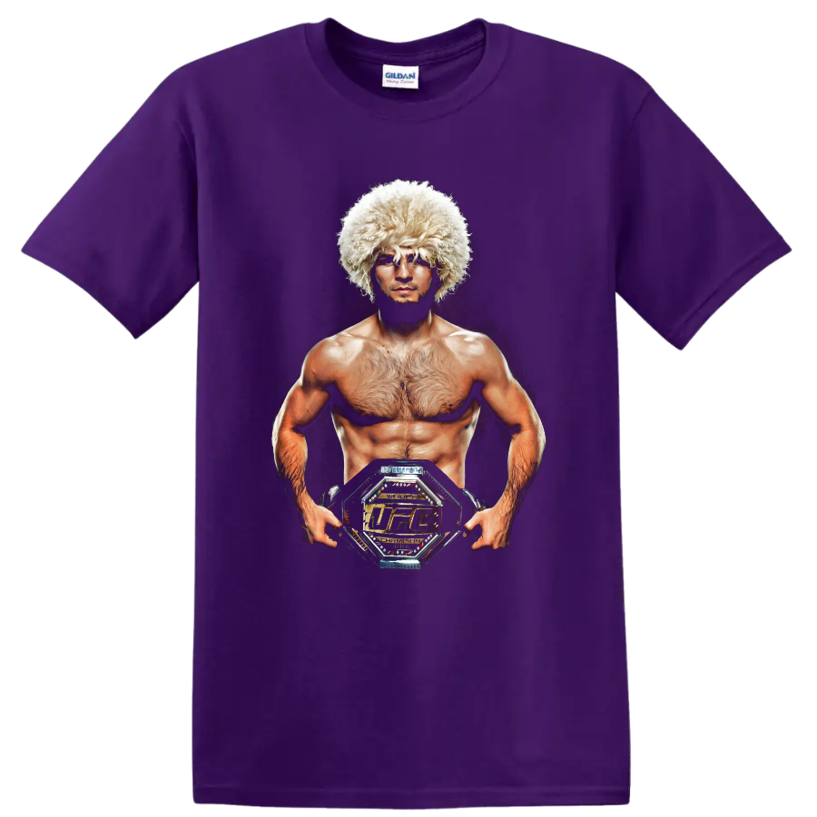 Khabib Nurmagomedov realistic portrait wearing a papakha and holding a championship belt on a Purple T Shirt