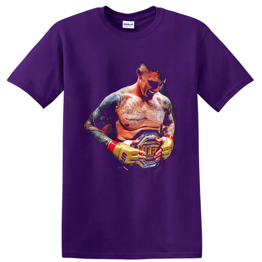 Charles Oliveira MMA fighter portrait holding championship belt in dramatic fan art on a Purple T Shirt