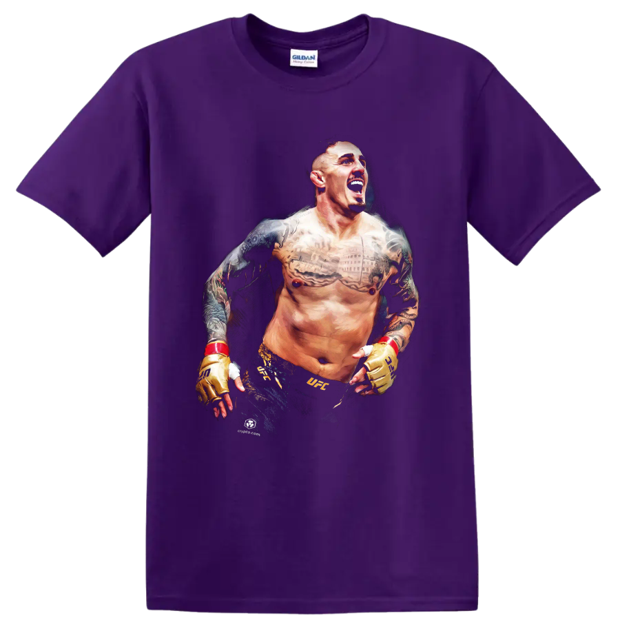 Charles Oliveira shouting in a painted MMA portrait with tattoos and gold gloves on a Purple T Shirt