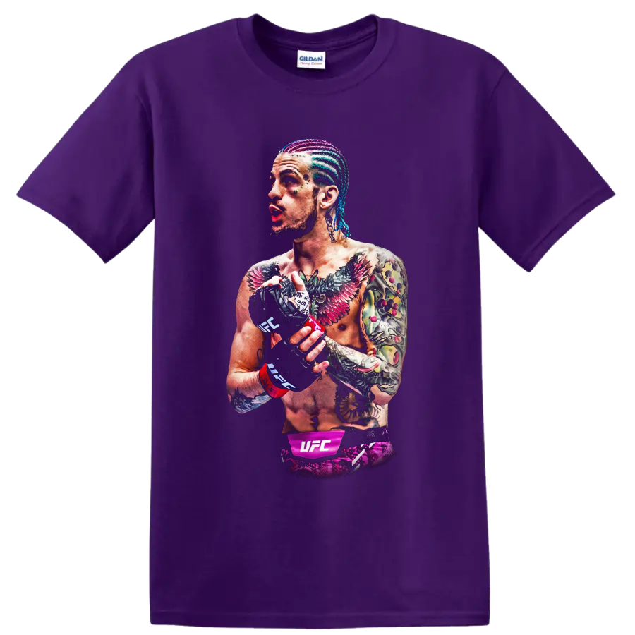 Sean O'Malley illustrated UFC fighter portrait with colorful braids, tattoos, and gloves on a Purple T Shirt