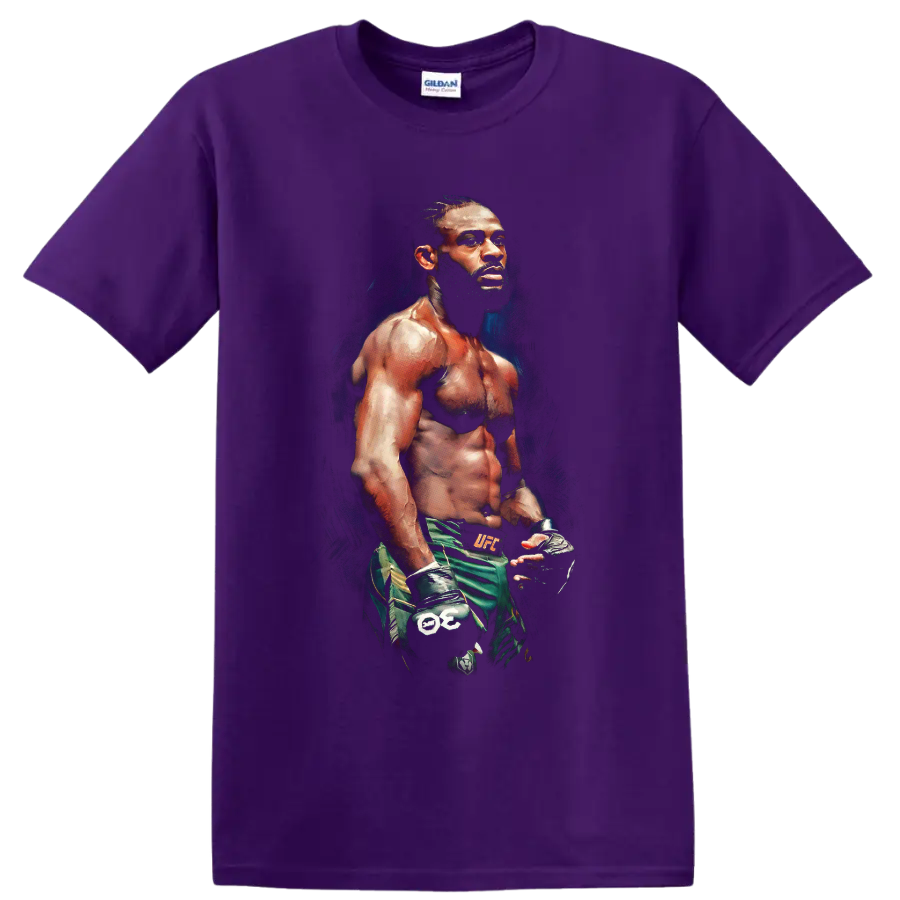 Aljamain Sterling painted MMA fighter portrait in gloves and green fight shorts on a Purple T Shirt