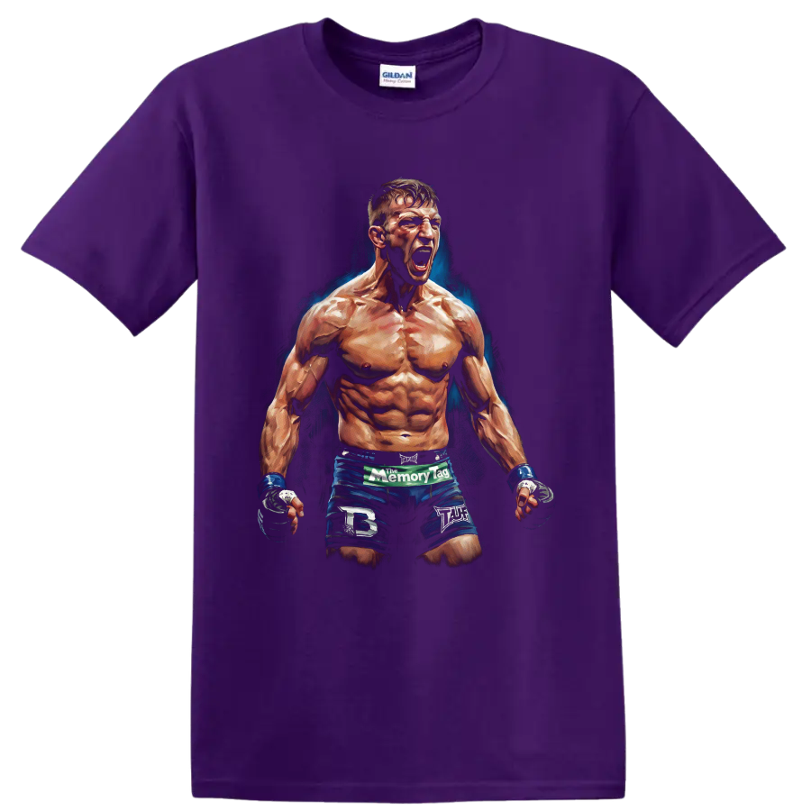 Ricky Hatton roaring fighter portrait with blue shorts and painted blue backdrop on a Purple T Shirt