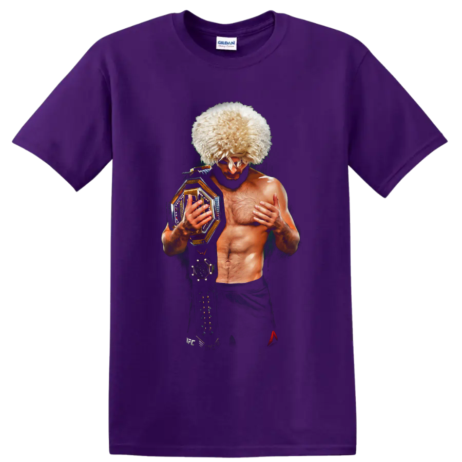 Khabib Nurmagomedov portrait in papakha hat holding a gold championship belt on a Purple T Shirt
