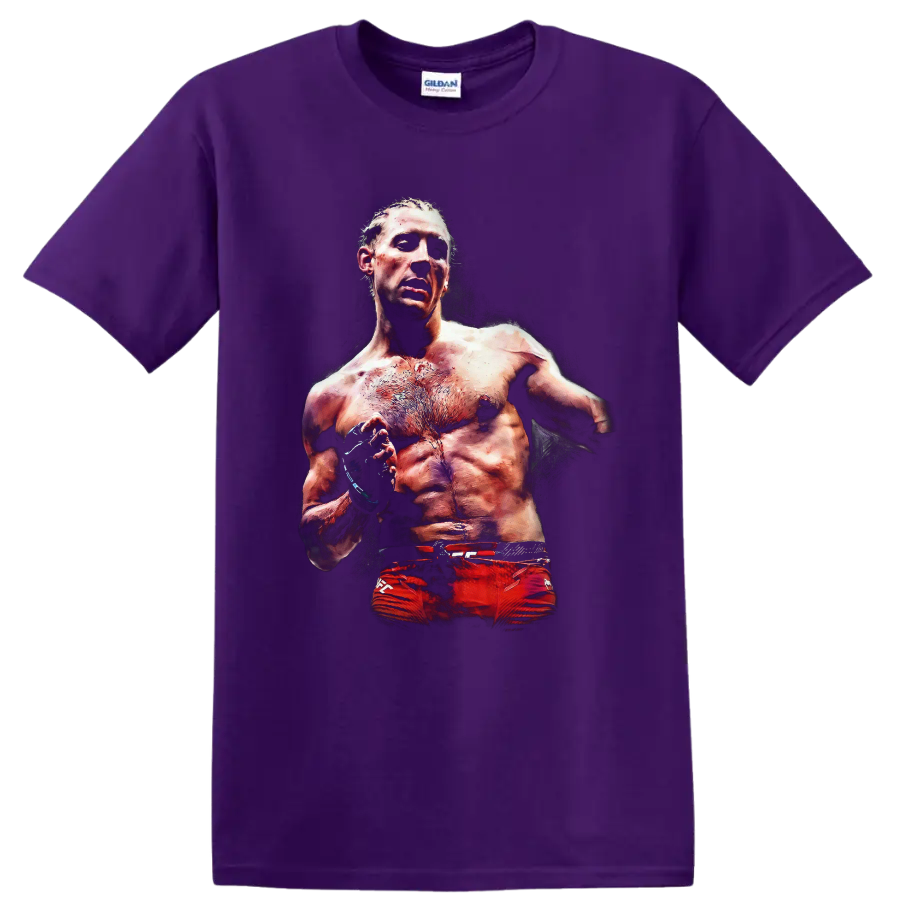 Paddy Pimblett MMA fighter portrait graphic with gloves and gritty dramatic lighting on a Purple T Shirt
