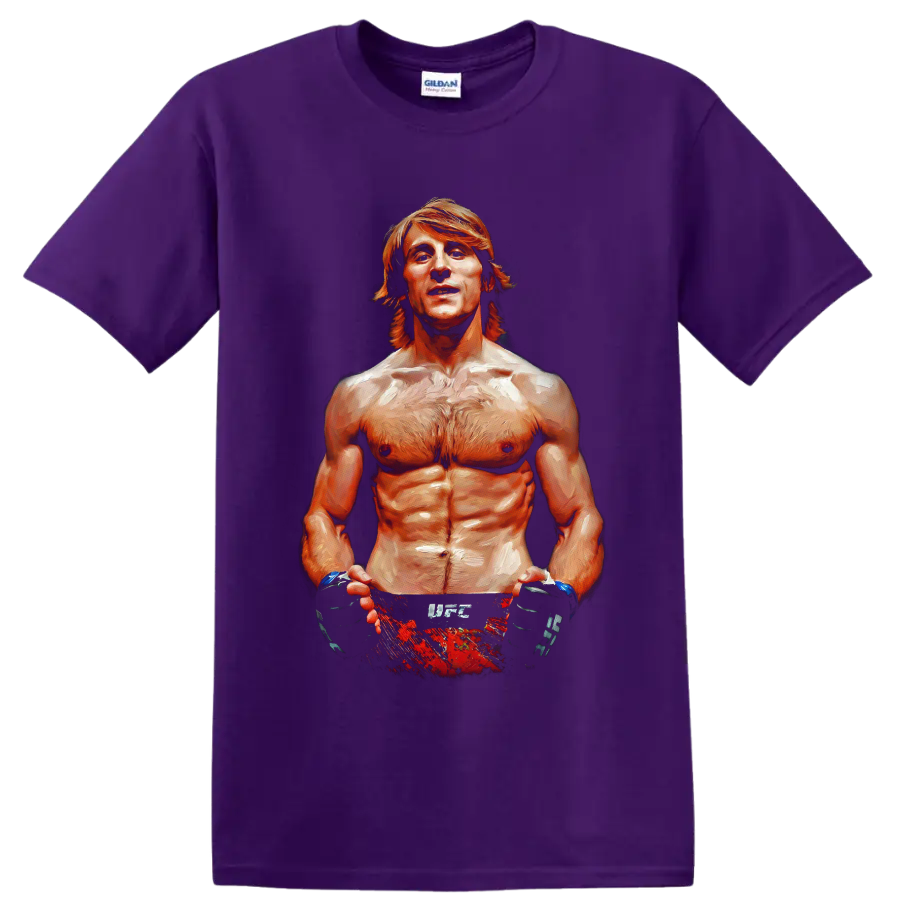 Paddy Pimblett painted portrait with MMA gloves and red fight shorts on a Purple T Shirt