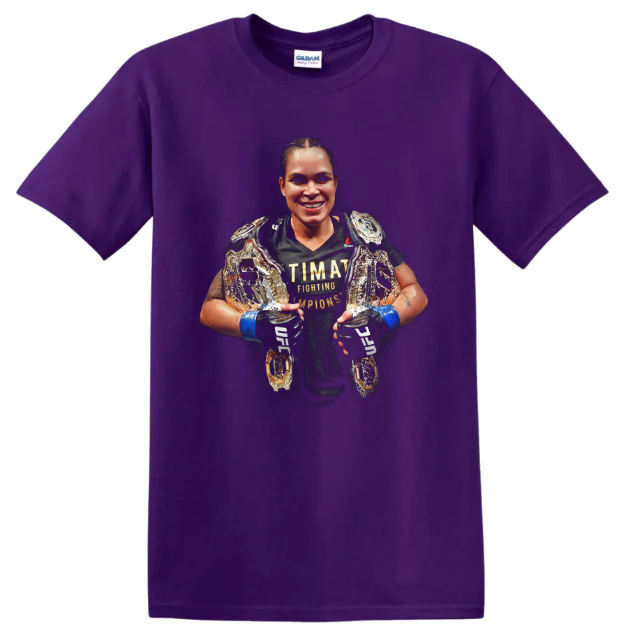 Amanda Nunes portrait with championship belts and blue MMA gloves on a Purple T Shirt