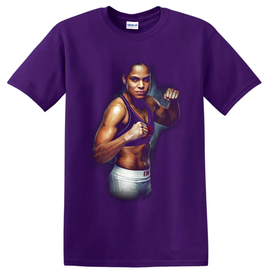 Amanda Nunes The Lioness MMA fighter portrait with raised fists in painted style on a Purple T Shirt
