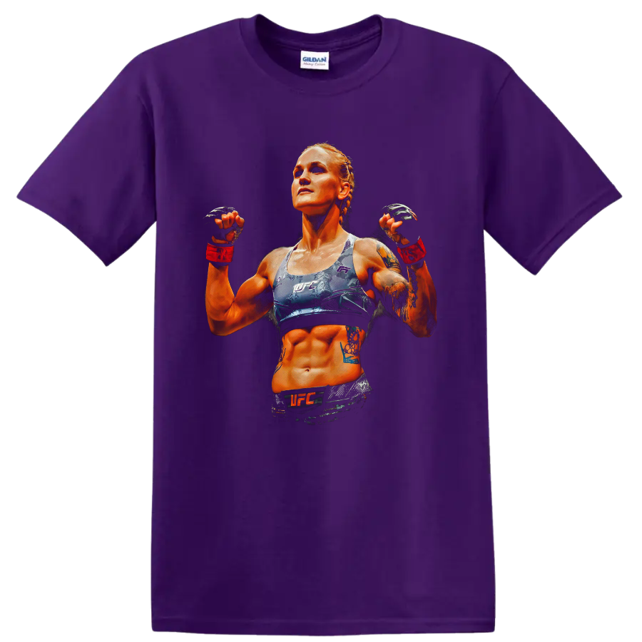 Valentina Shevchenko UFC fighter portrait in dramatic orange and blue graphic art on a Purple T Shirt