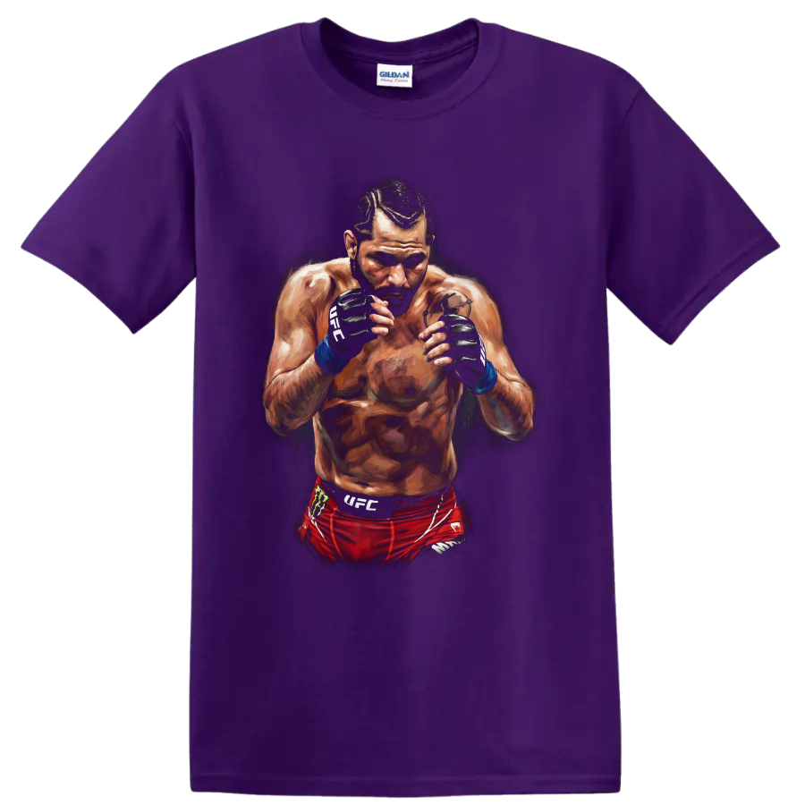 Jorge Masvidal Gamebred MMA fighter portrait in a dramatic painted fighting stance on a Purple T Shirt