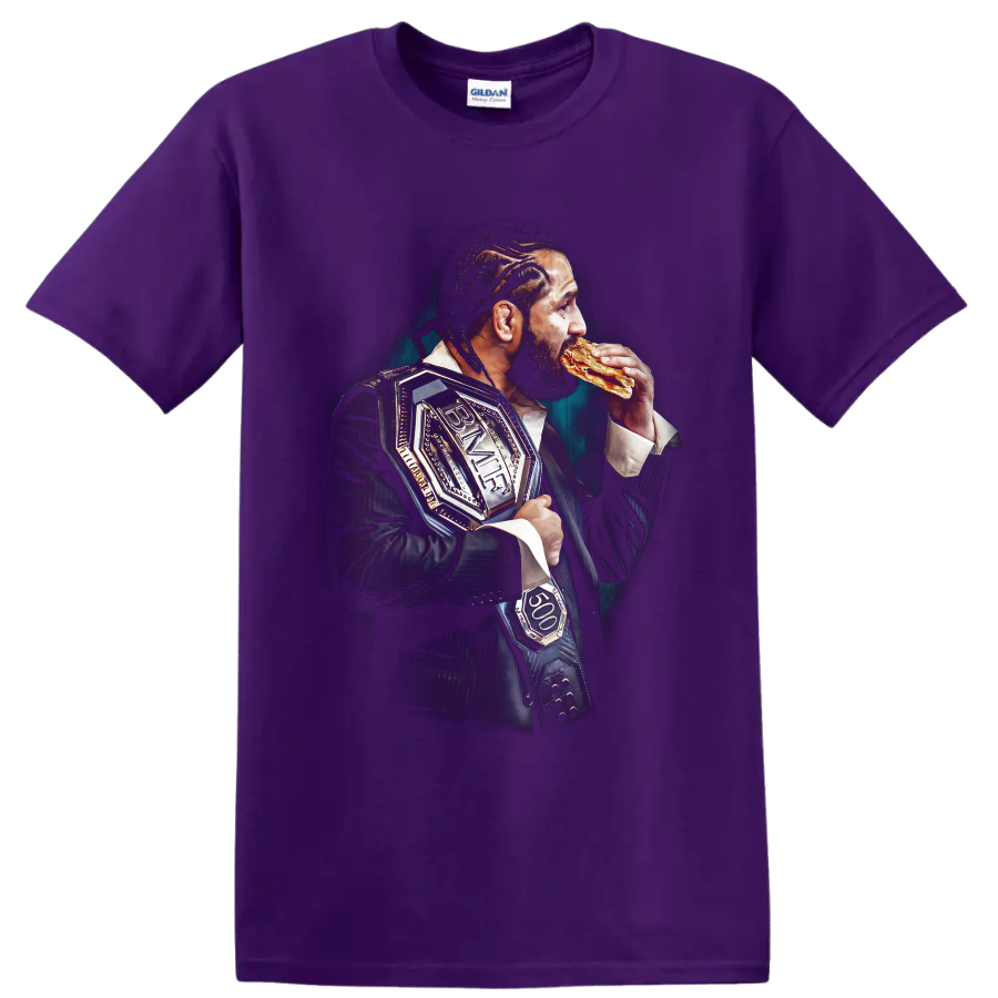 Jorge Masvidal portrait in a suit with BMF belt and sandwich on a Purple T Shirt