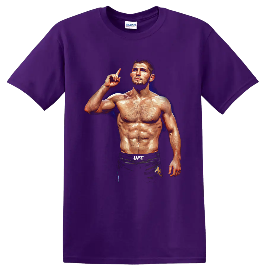 Khabib Nurmagomedov painterly MMA fighter portrait with raised finger and blue glow on a Purple T Shirt