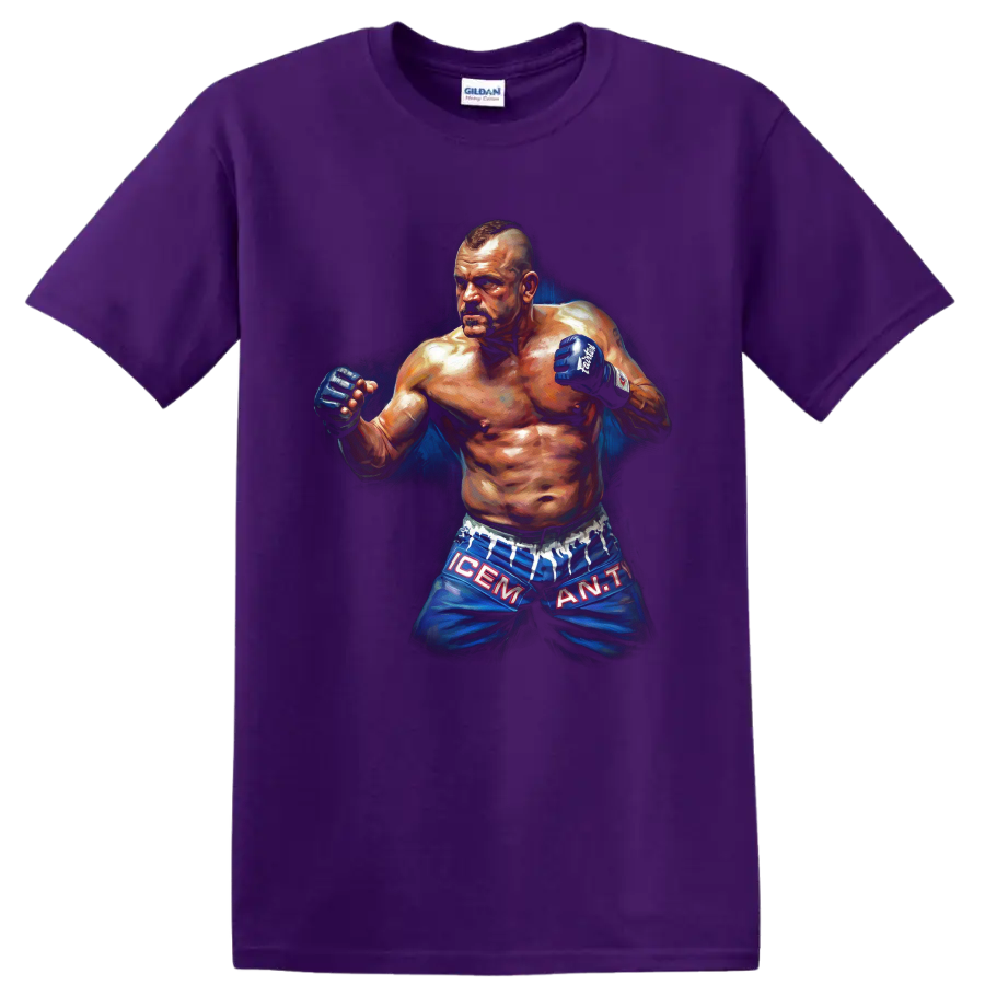Chuck Liddell The Iceman painted MMA fighter portrait with raised gloves on a Purple T Shirt