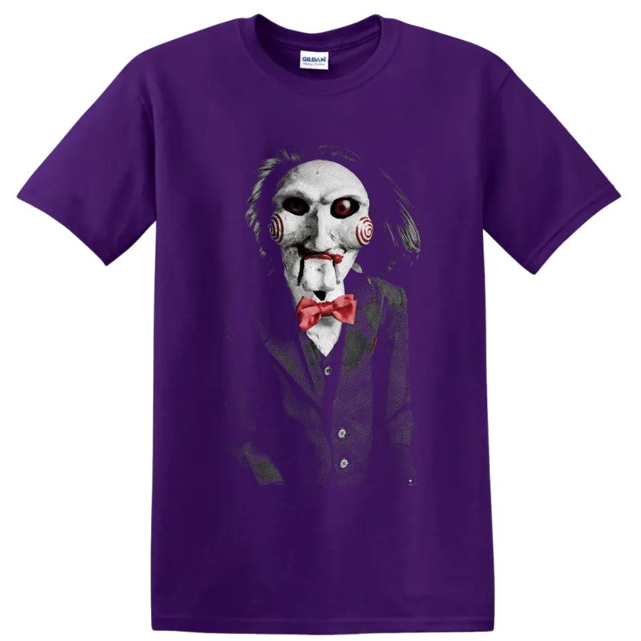 Billy the Puppet from Saw in a creepy horror graphic with red bow tie on a Purple T Shirt