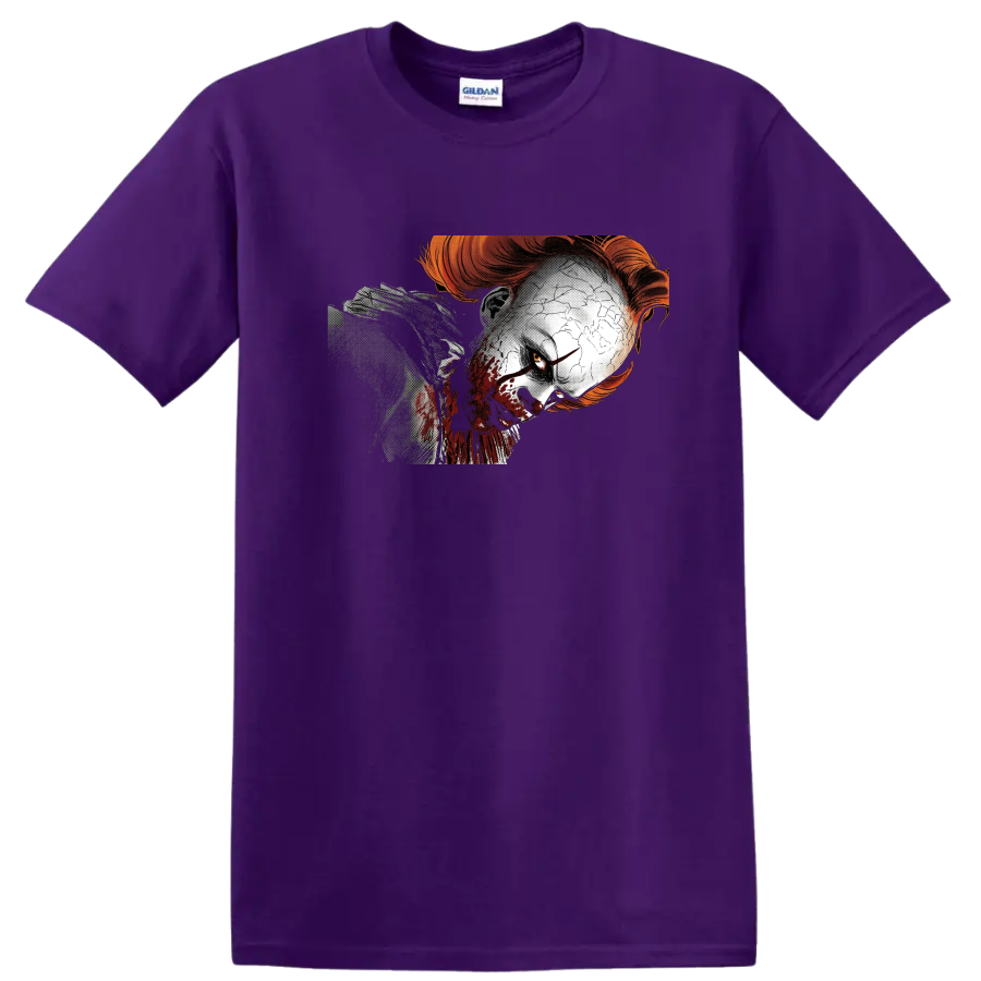 Pennywise from It distressed horror clown face graphic on a Purple T Shirt