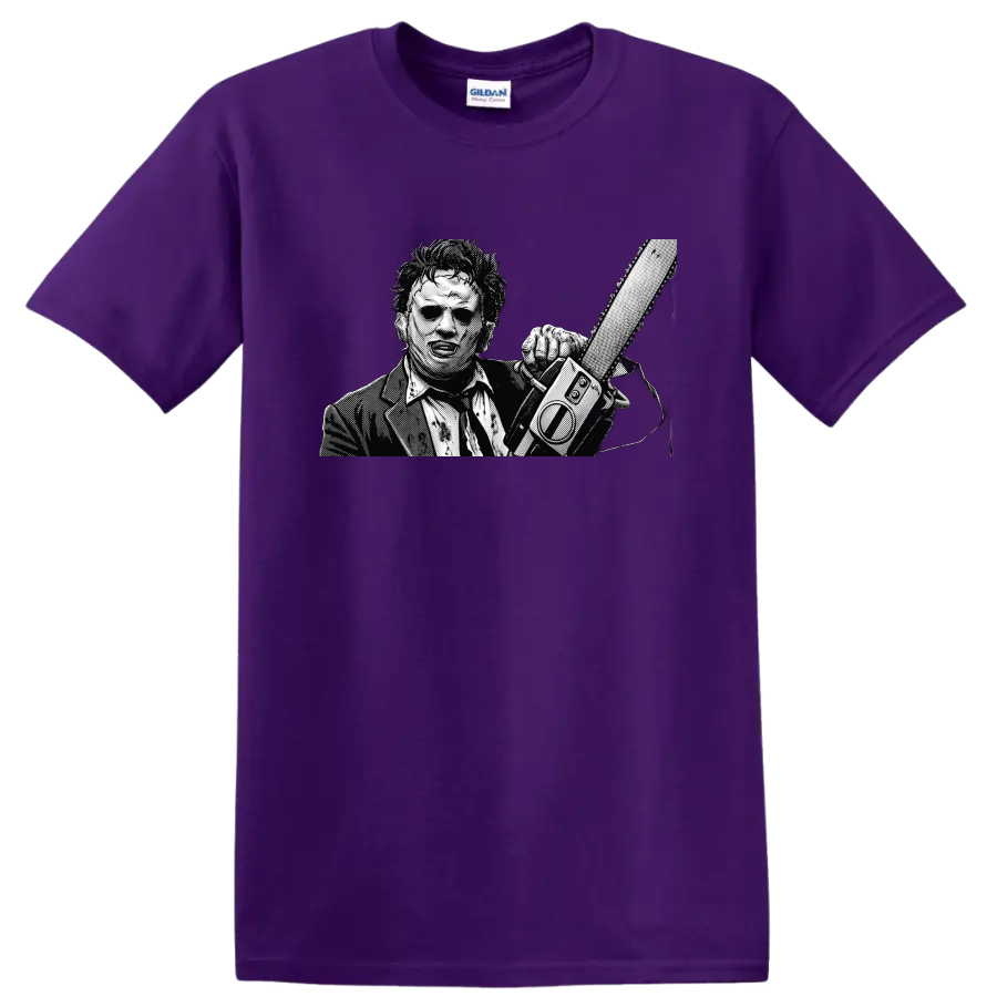 Leatherface holding a chainsaw in gritty black-and-white halftone art on a Purple T Shirt