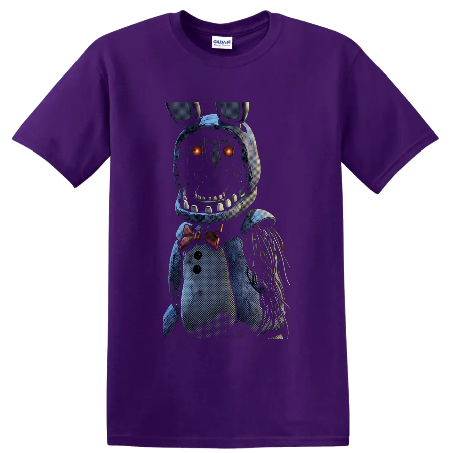 Withered Bonnie animatronic horror graphic with glowing eyes and exposed wires on a Purple T Shirt