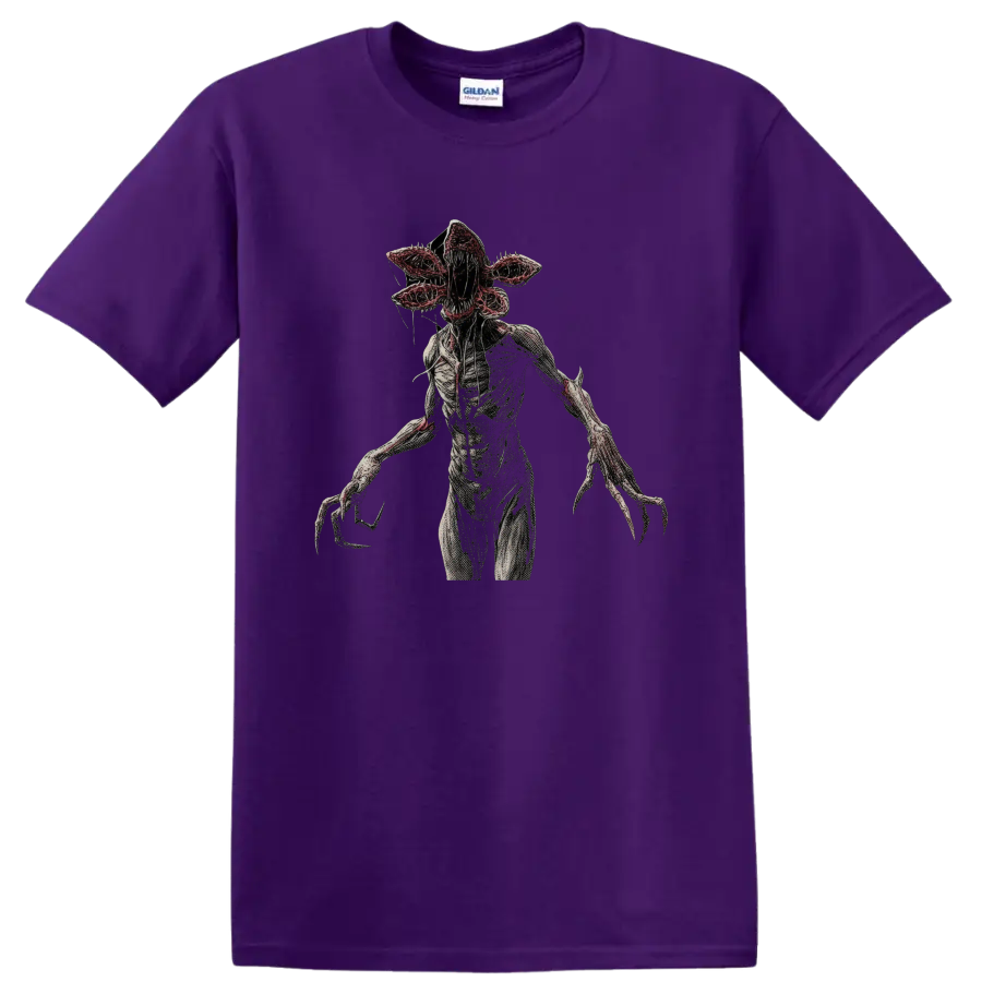 Demogorgon from Stranger Things gothic horror creature graphic on a Purple T Shirt