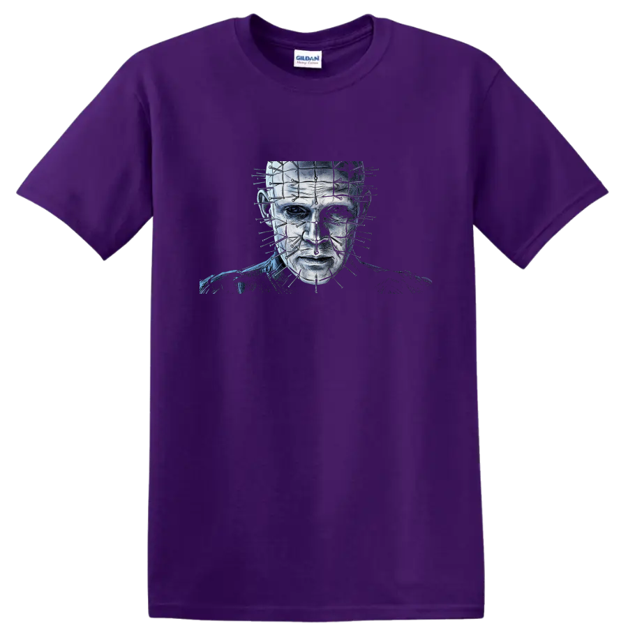Pinhead Hellraiser gothic horror portrait with geometric pins on a Purple T Shirt