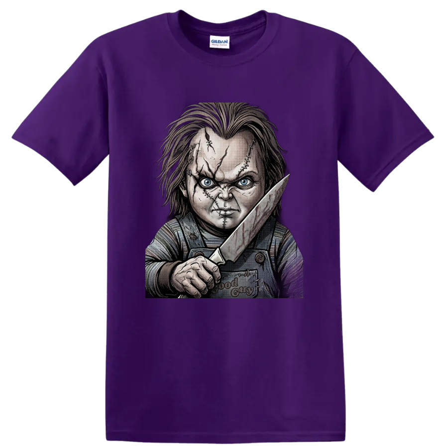 Chucky Child's Play 2 stitched face knife horror graphic on a Purple T Shirt