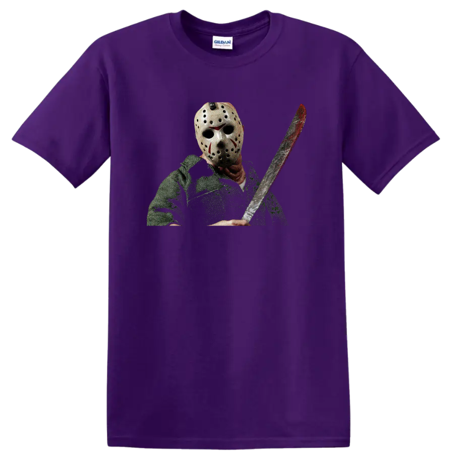Jason Voorhees masked with machete, distressed horror graphic on a Purple T Shirt