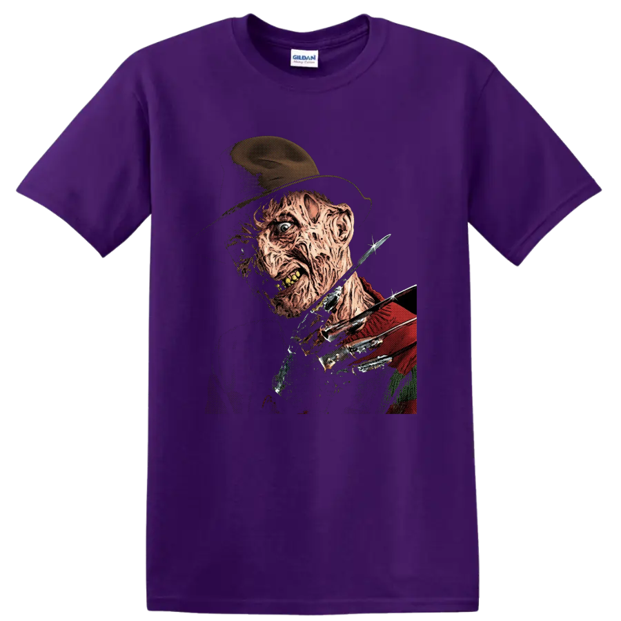 Freddy Krueger vintage horror portrait with bladed glove on a Purple T Shirt