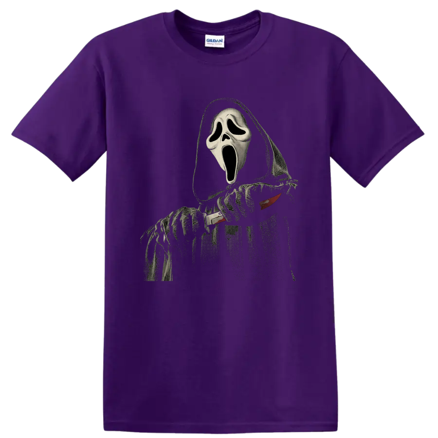 Distressed Ghostface Scream horror mask graphic on a Purple T Shirt