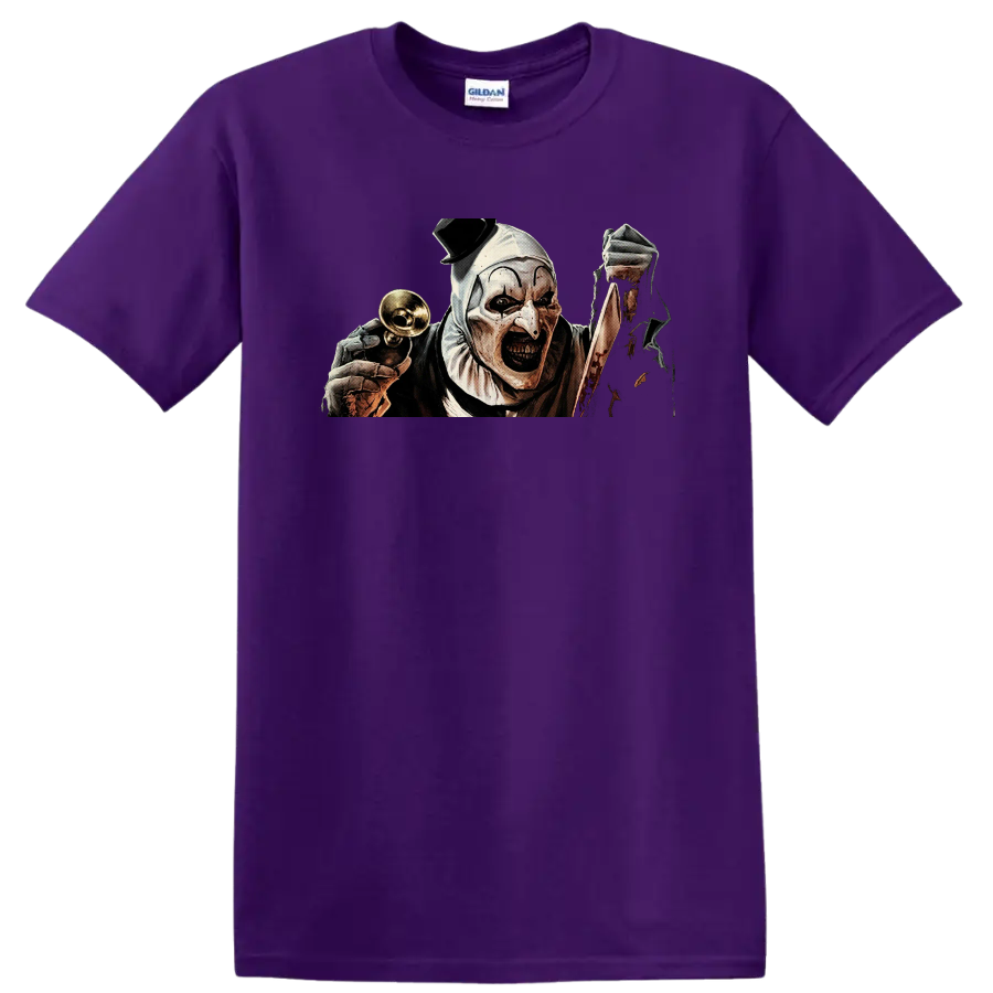 Art the Clown Terrifier horror illustration with bell and bloody knife on a Purple T Shirt